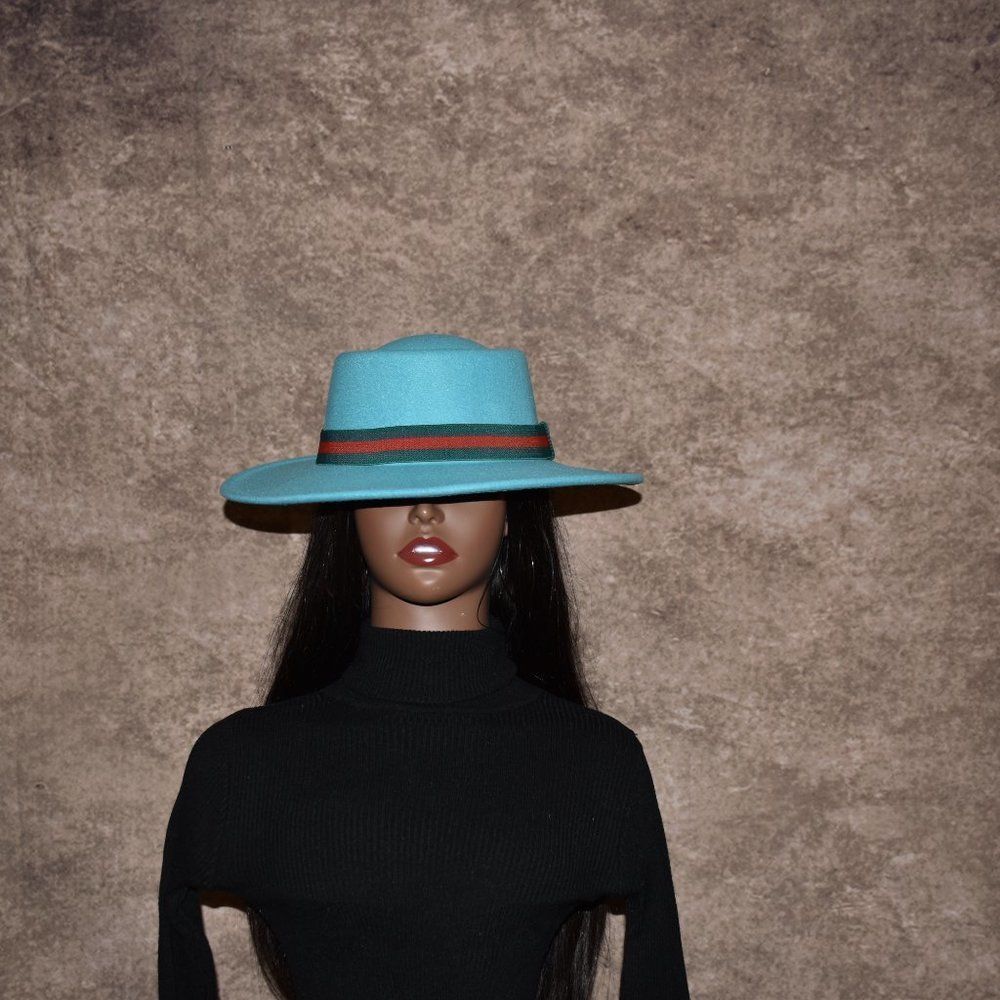 Turquoise Large Wide Brim Fedora Hat - Picture 6 of 8